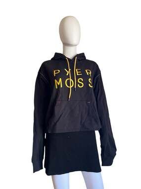 Pyer Moss Black Gold Cropped Logo Sweatshirt Hoodie Size Small